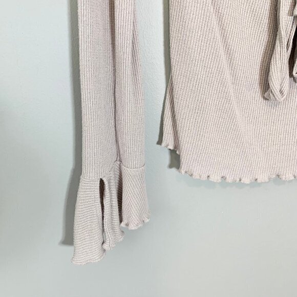 Free People metallic waffle knit tie front deep v-neck long sleeve top - Picture 3 of 12